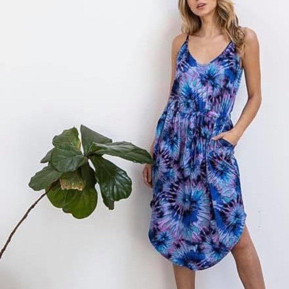 Ellis Tie Waist Strap Dress - Blue Tie Dye
